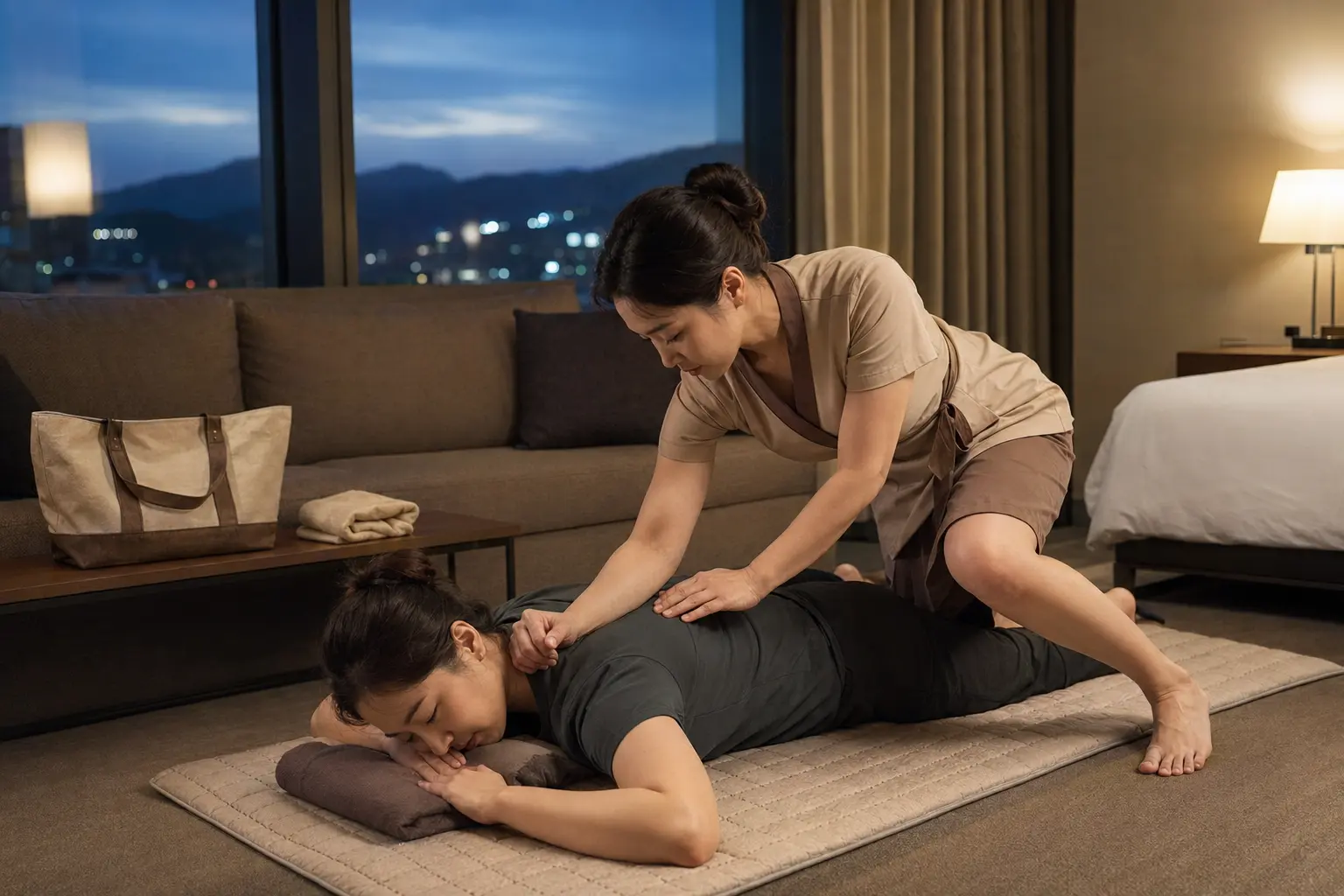 음성출장마사지 | K초이스24 - 충북 음성 대소면 숙소에서 치마형 랩 유니폼을 입은 20대 후반 여성 관리사가 엎드린 로컬 에디터 민서의 등과 견갑을 깊게 관리하는 넓은 구도의 장면
