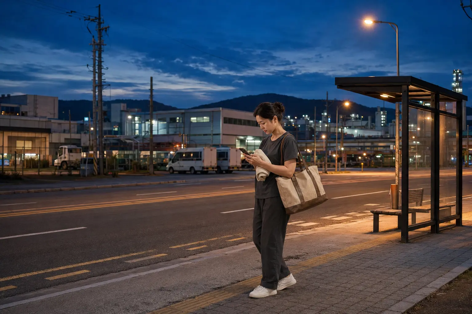 음성출장마사지 | K초이스24 - 해 질 무렵 충북 음성 금왕·대소·맹동 산업단지 인근에서 로컬 에디터 민서가 휴대전화로 대소면 숙소 이동 경로를 확인하는 장면