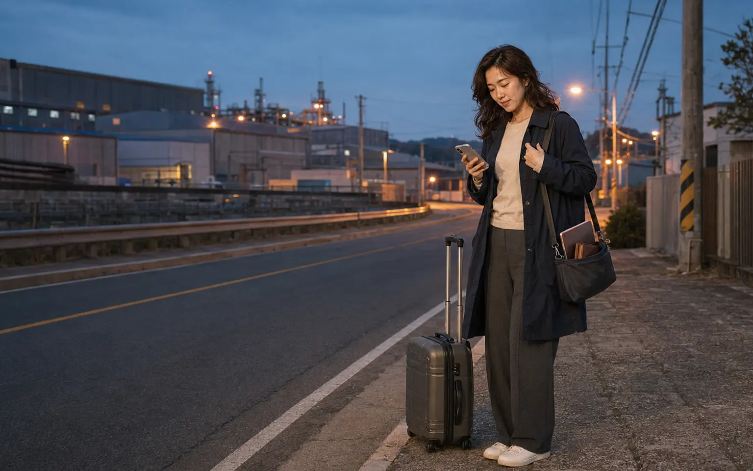 음성출장마사지 | K초이스24 - 해 질 무렵 충북 음성 금왕·대소·맹동 산업단지 인근에서 로컬 에디터 하람이 삼성면 숙소 이동 경로를 확인하는 장면