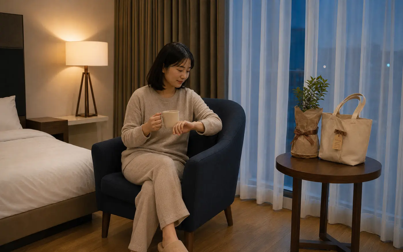 음성출장마사지 | K초이스24 - 충북 음성 충북혁신도시 숙소에서 홈케어를 마친 로컬 에디터 지안이 따뜻한 물을 마시며 손목을 가볍게 확인하는 장면