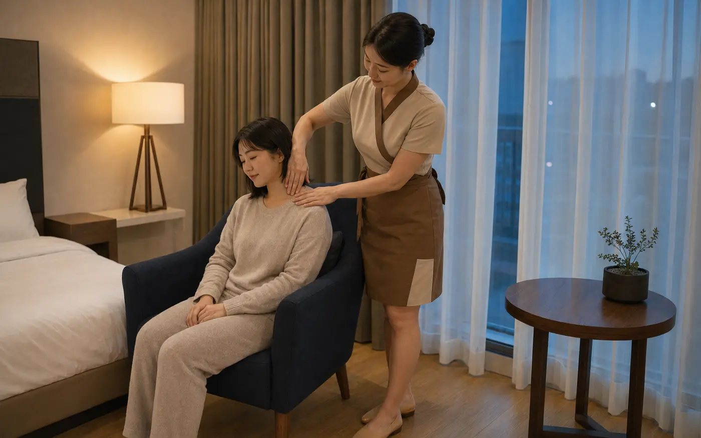 음성출장마사지 | K초이스24 - 같은 충북혁신도시 숙소 창가에서 같은 치마형 랩 유니폼의 여성 관리사가 로컬 에디터 지안의 목에서 어깨 바깥쪽으로 부드럽게 압력을 이어 가는 장면