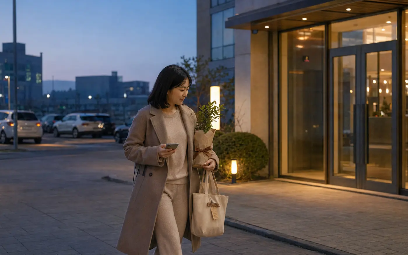 음성출장마사지 | K초이스24 - 해 질 무렵 화분과 가방을 든 로컬 에디터 지안이 충북 음성 맹동면 일정을 마치고 충북혁신도시 숙소에 도착하는 장면