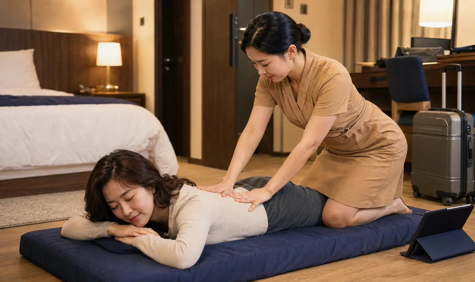 음성출장마사지 | K초이스24 - 충북 음성 삼성면 숙소에서 치마형 랩 유니폼을 입은 20대 후반 여성 관리사가 엎드린 로컬 에디터 하람의 견갑과 등을 양손으로 관리하는 넓은 구도의 장면
