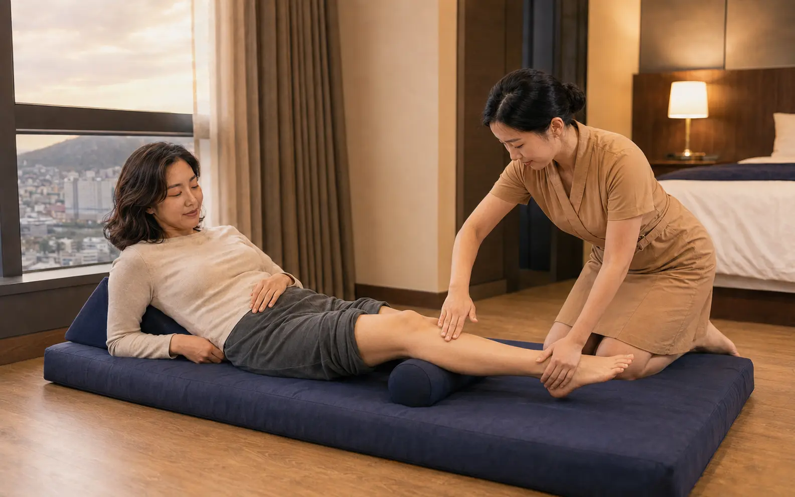 음성출장마사지 | K초이스24 - 같은 충북 음성 삼성면 숙소 창가에서 같은 치마형 랩 유니폼의 여성 관리사가 로컬 에디터 하람의 발목을 받치며 종아리를 부드럽게 관리하는 장면