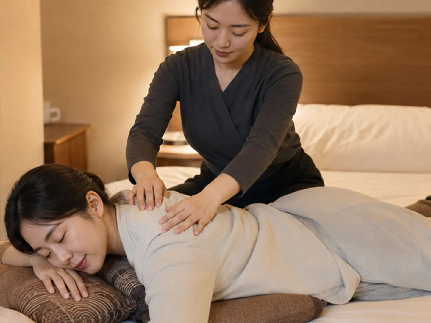 동해출장마사지 | K초이스24 - 2025년 4월의 봄, 이동 일정을 마친 뒤 숙소에서 27세 여성 관리사 유리가 로컬 에디터 지민의 허리 주변과 등을 관리하는 장면