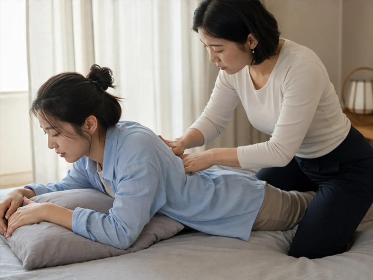 동해출장마사지 | K초이스24 - 2025년 4월의 봄, 위치·시간·집중 부위를 상담한 뒤 숙소에서 28세 여성 관리사 서윤이 로컬 에디터 아린의 허리 주변과 등을 관리하는 장면