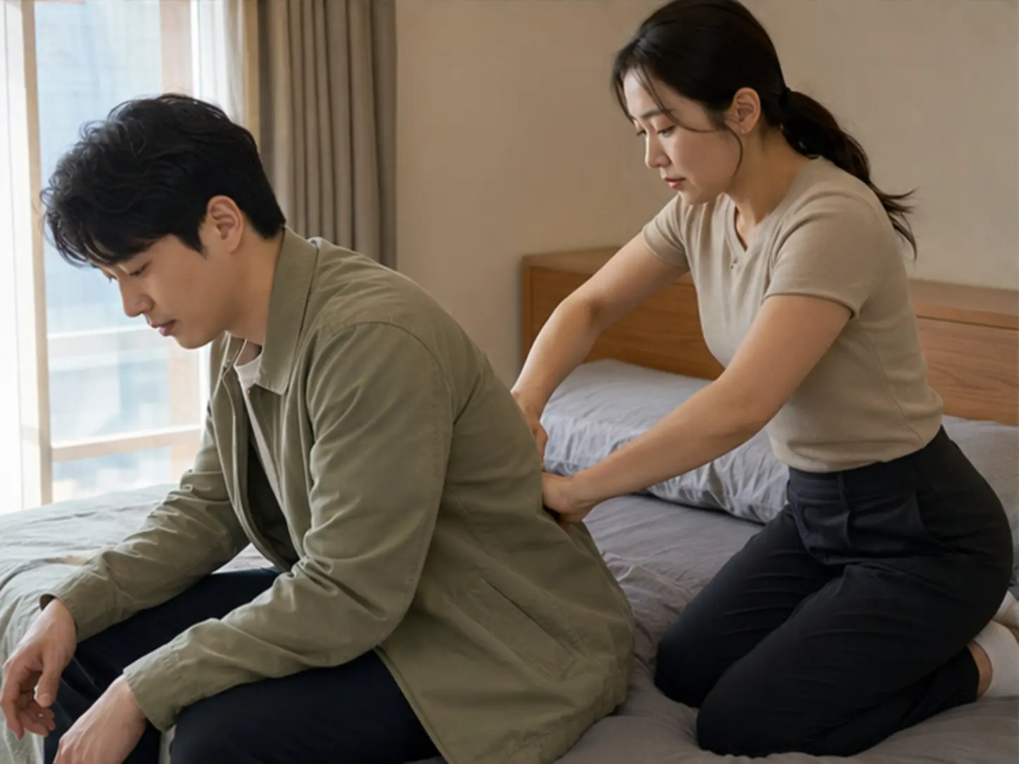 동해출장마사지 | K초이스24 - 2025년 4월의 봄, 숙소 출입 정보를 확인한 뒤 숙소에서 26세 여성 관리사 민지가 로컬 에디터 준영의 허리 주변과 등을 관리하는 장면