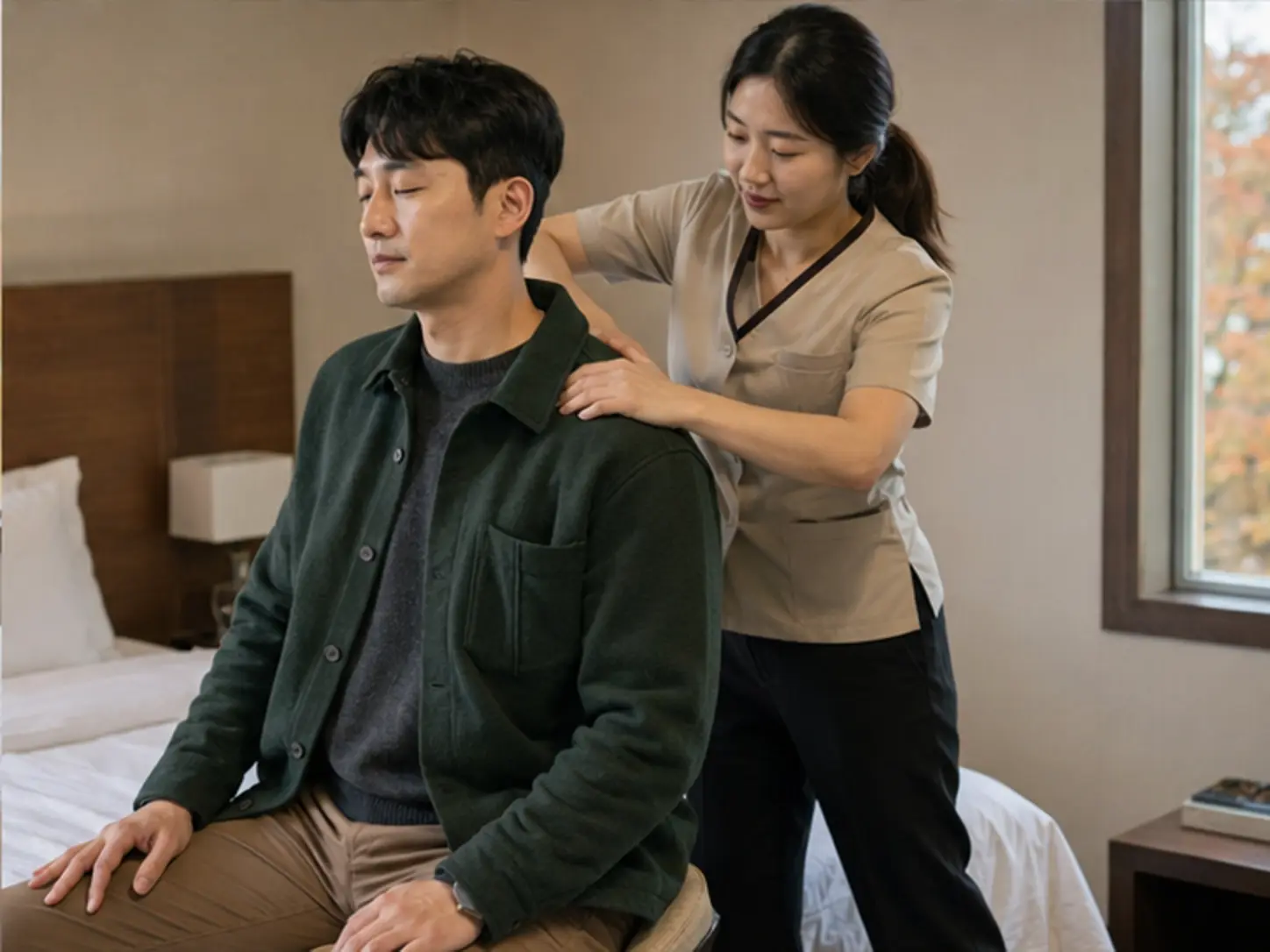 정선출장마사지 | K초이스24 - 2024년 10월의 가을, 위치·시간·집중 부위를 상담한 뒤 숙소에서 28세 여성 관리사 수빈이 로컬 에디터 현석의 등과 어깨를 관리하는 장면