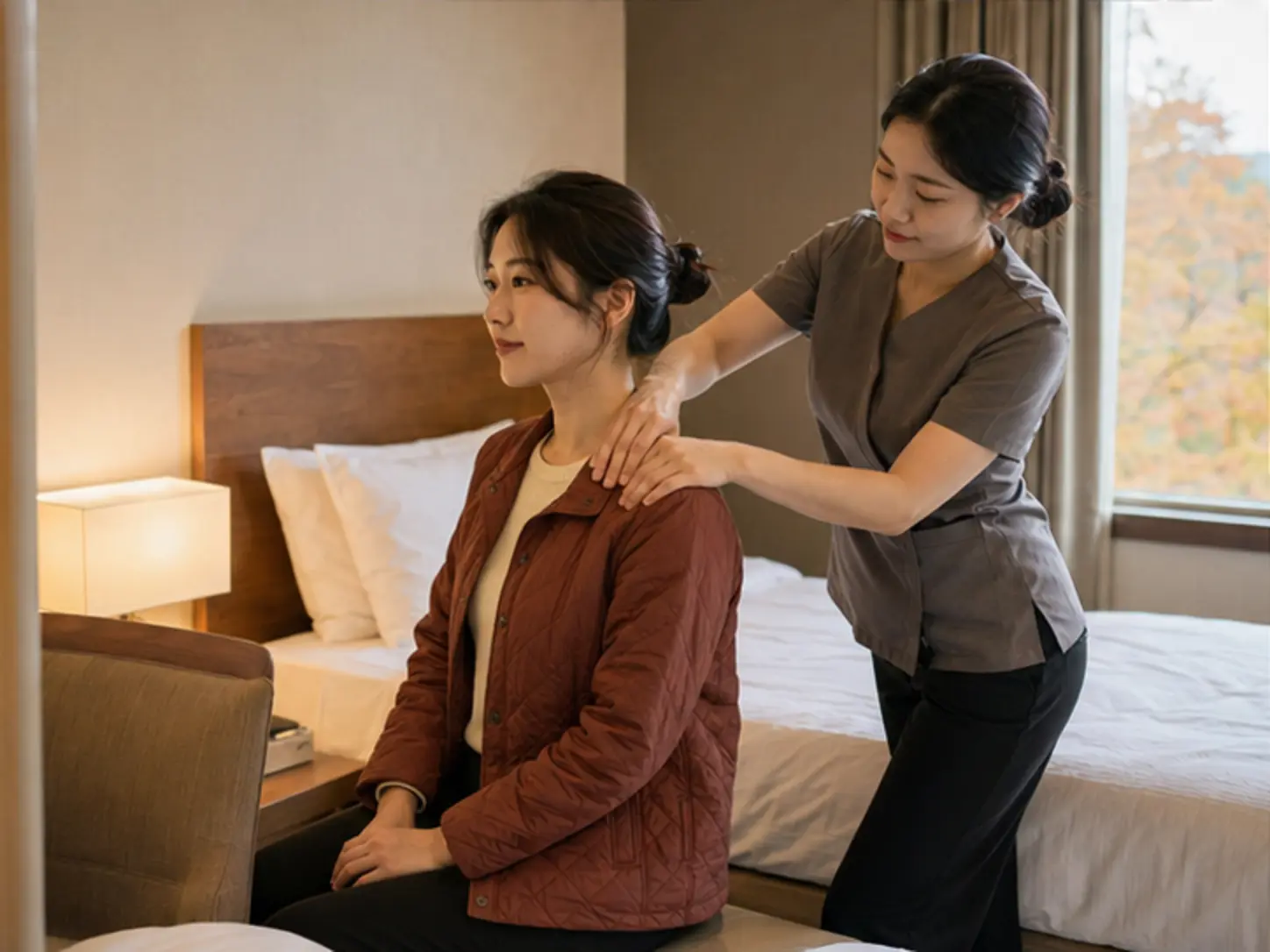 정선출장마사지 | K초이스24 - 2024년 10월의 가을, 숙소 출입 정보를 확인한 뒤 숙소에서 26세 여성 관리사 채린이 로컬 에디터 연지의 등과 어깨를 관리하는 장면