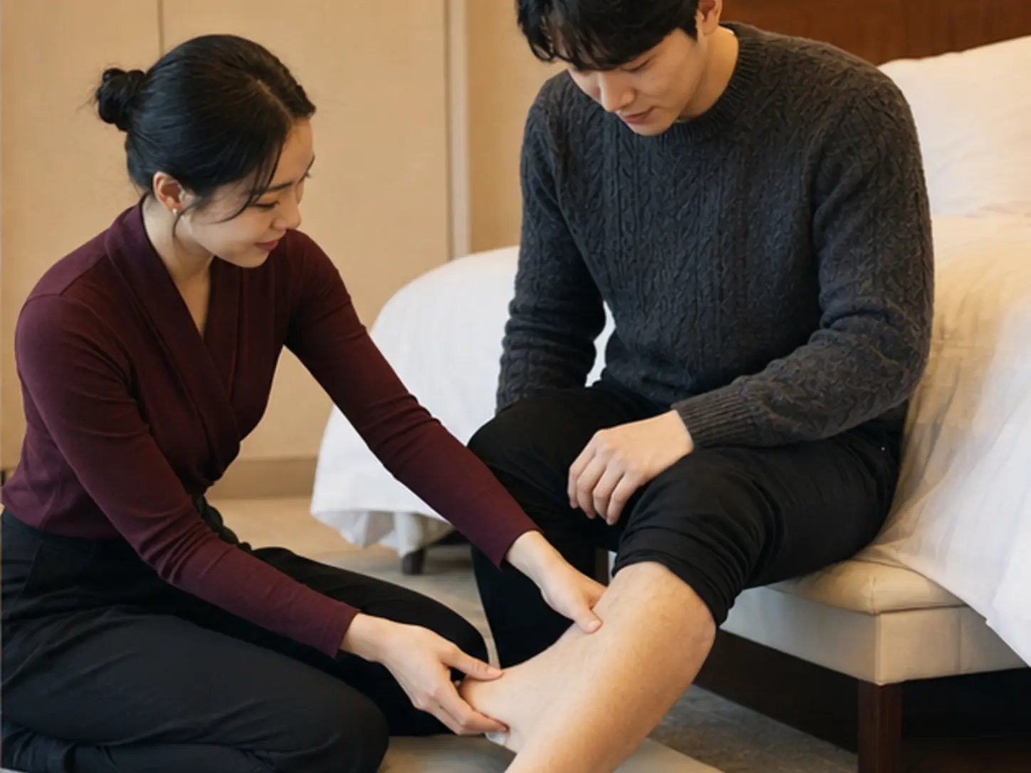 평창출장마사지 | K초이스24 - 2024년 12월의 겨울, 이동 일정을 마친 뒤 숙소에서 26세 여성 관리사 채원이 로컬 에디터 준호의 허벅지와 종아리를 관리하는 장면