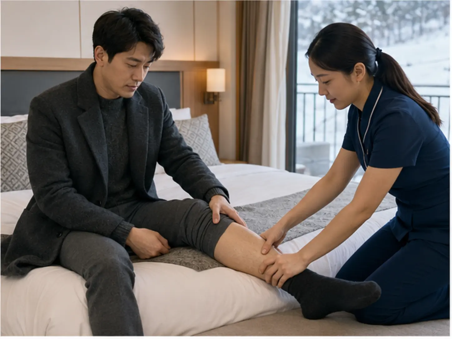 평창출장마사지 | K초이스24 - 2024년 12월의 겨울, 위치·시간·집중 부위를 상담한 뒤 숙소에서 29세 여성 관리사 유진이 로컬 에디터 건우의 허벅지와 종아리를 관리하는 장면