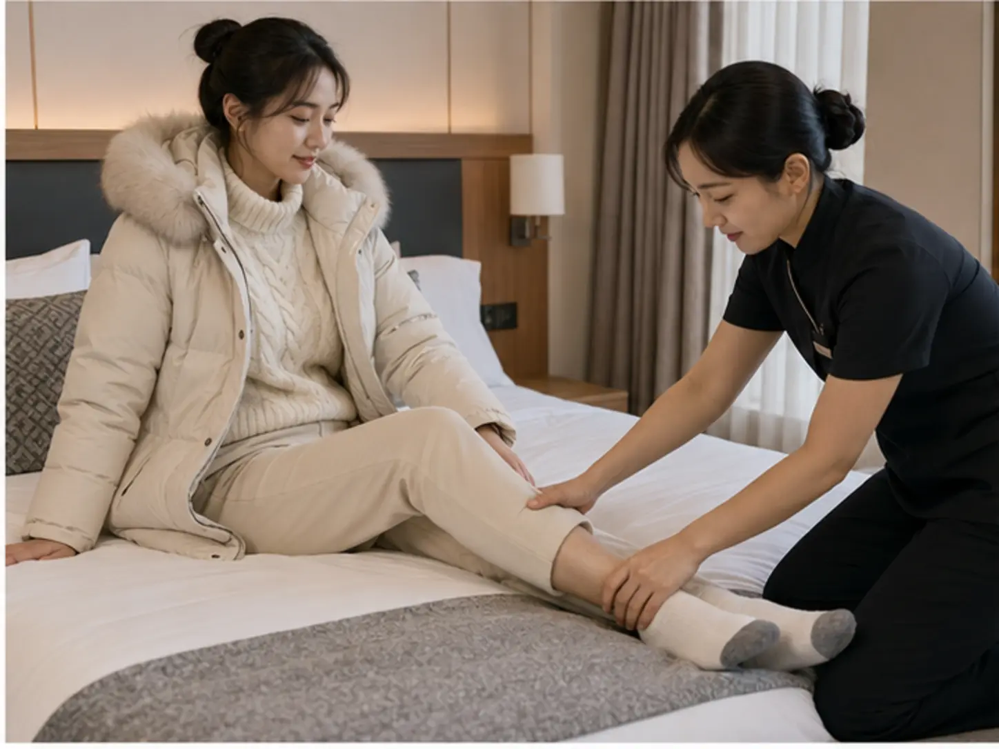 평창출장마사지 | K초이스24 - 2024년 12월의 겨울, 숙소 출입 정보를 확인한 뒤 숙소에서 25세 여성 관리사 혜원이 로컬 에디터 다희의 허벅지와 종아리를 관리하는 장면