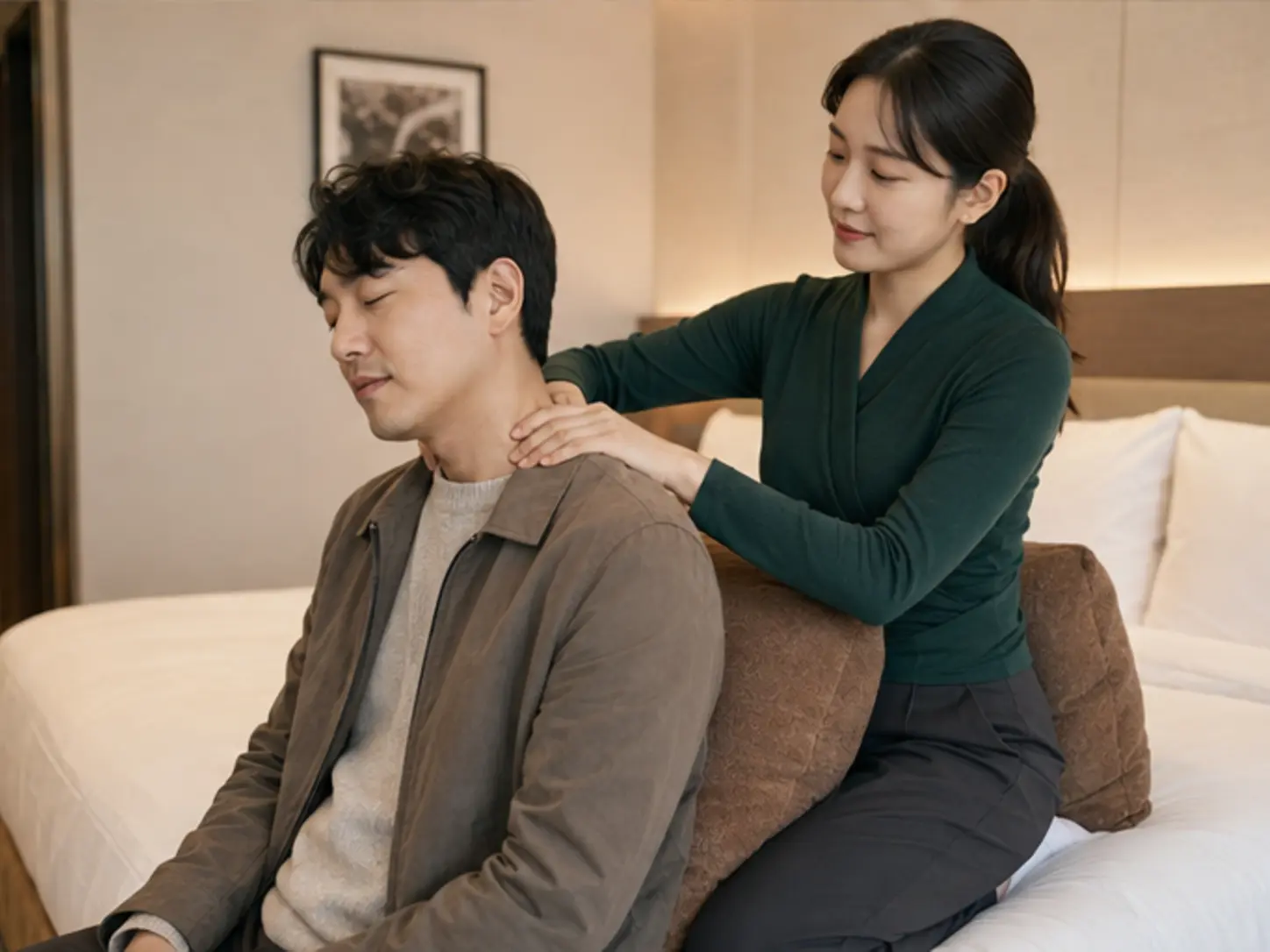 속초출장마사지 | K초이스24 - 2025년 10월의 가을, 이동 일정을 마친 뒤 숙소에서 28세 여성 관리사 다은이 로컬 에디터 도현의 목과 어깨를 관리하는 장면