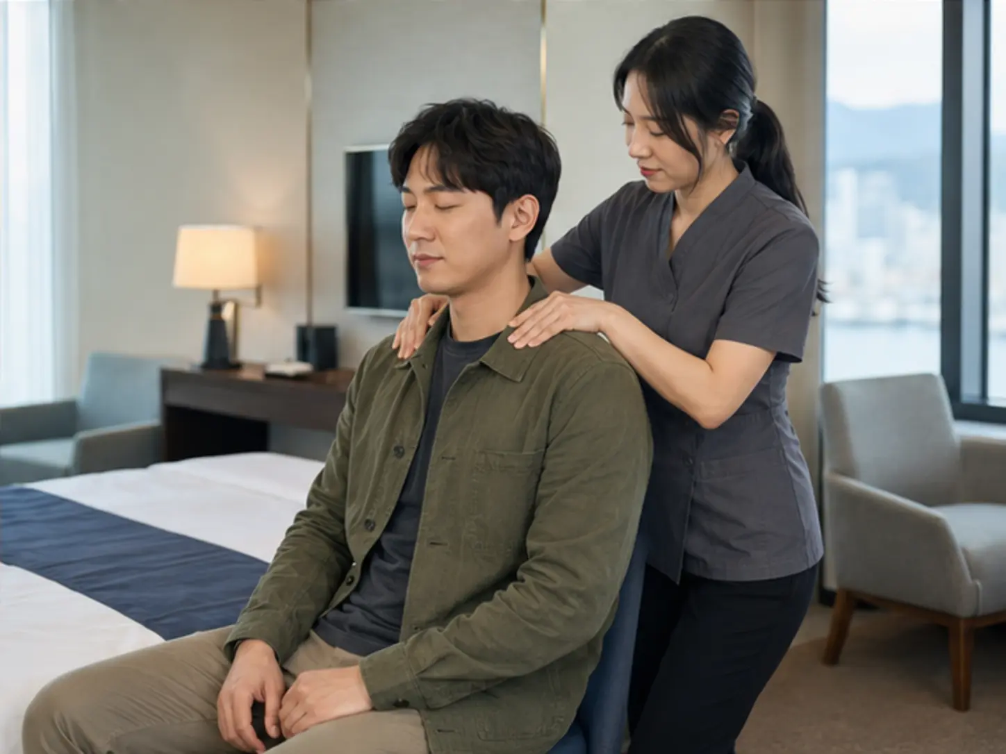 속초출장마사지 | K초이스24 - 2025년 10월의 가을, 위치·시간·집중 부위를 상담한 뒤 숙소에서 27세 여성 관리사 윤아가 로컬 에디터 성민의 목과 어깨를 관리하는 장면
