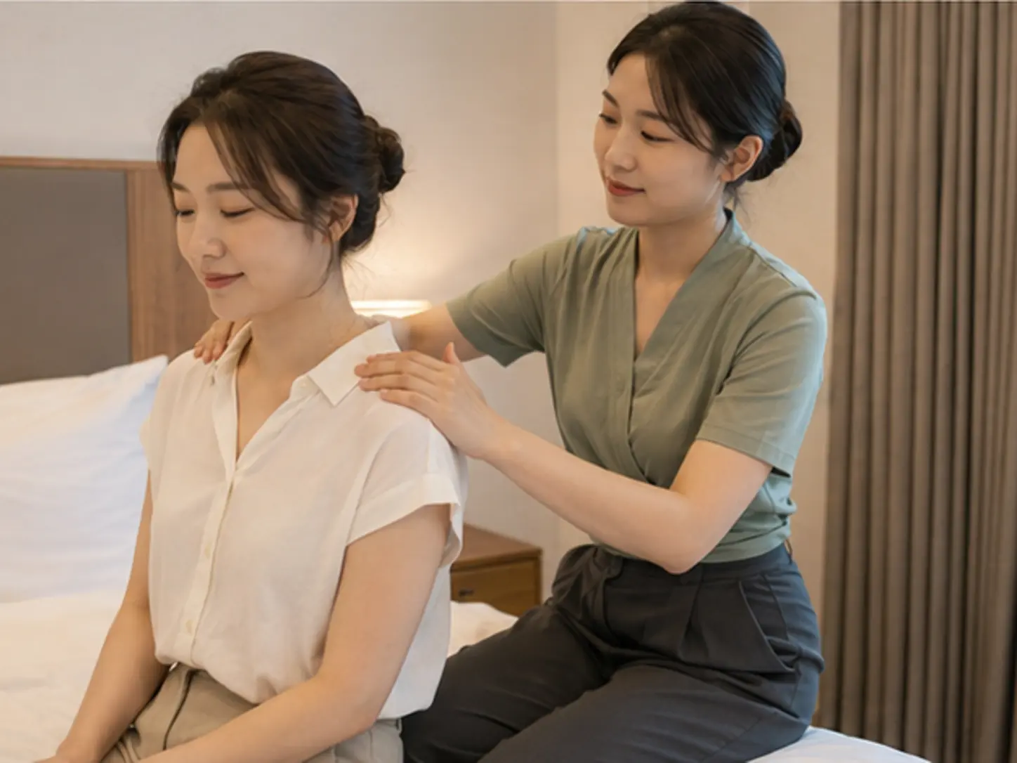 원주출장마사지 | K초이스24 - 2026년 7월의 여름, 이동 일정을 마친 뒤 숙소에서 27세 여성 관리사 지유가 로컬 에디터 서아의 어깨와 등 위쪽을 관리하는 장면