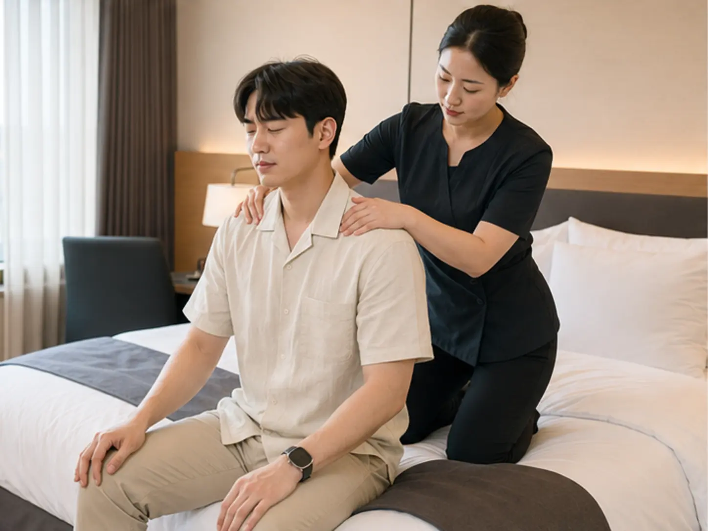 원주출장마사지 | K초이스24 - 2026년 7월의 여름, 숙소 출입 정보를 확인한 뒤 숙소에서 25세 여성 관리사 소연이 로컬 에디터 민호의 어깨와 등 위쪽을 관리하는 장면