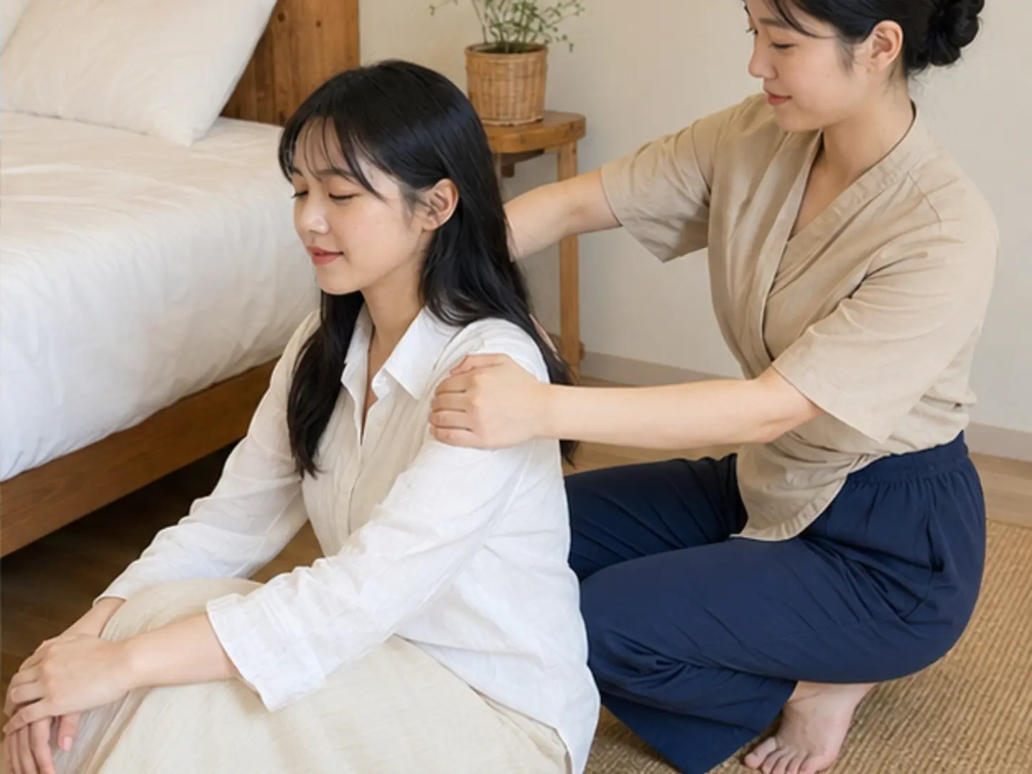 양양출장마사지 | K초이스24 - 2024년 8월의 여름, 이동 일정을 마친 뒤 숙소에서 25세 여성 관리사 수아가 로컬 에디터 하은의 어깨와 팔을 관리하는 장면