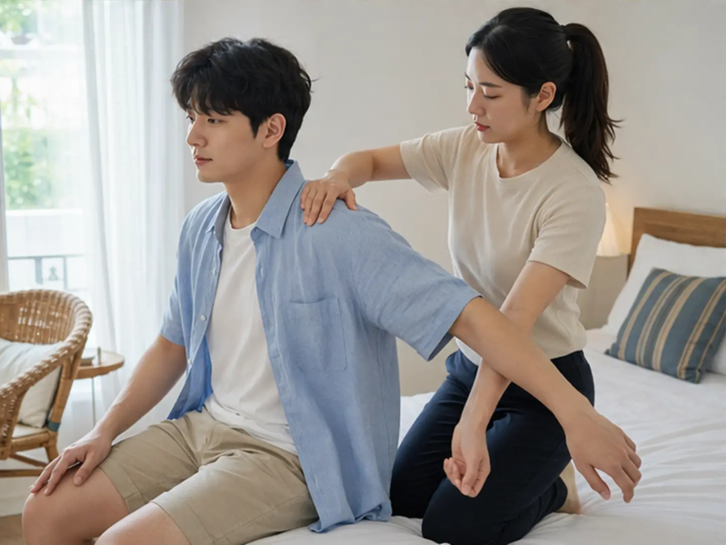 양양출장마사지 | K초이스24 - 2024년 8월의 여름, 숙소 출입 정보를 확인한 뒤 숙소에서 24세 여성 관리사 지민이 로컬 에디터 우진의 어깨와 팔을 관리하는 장면