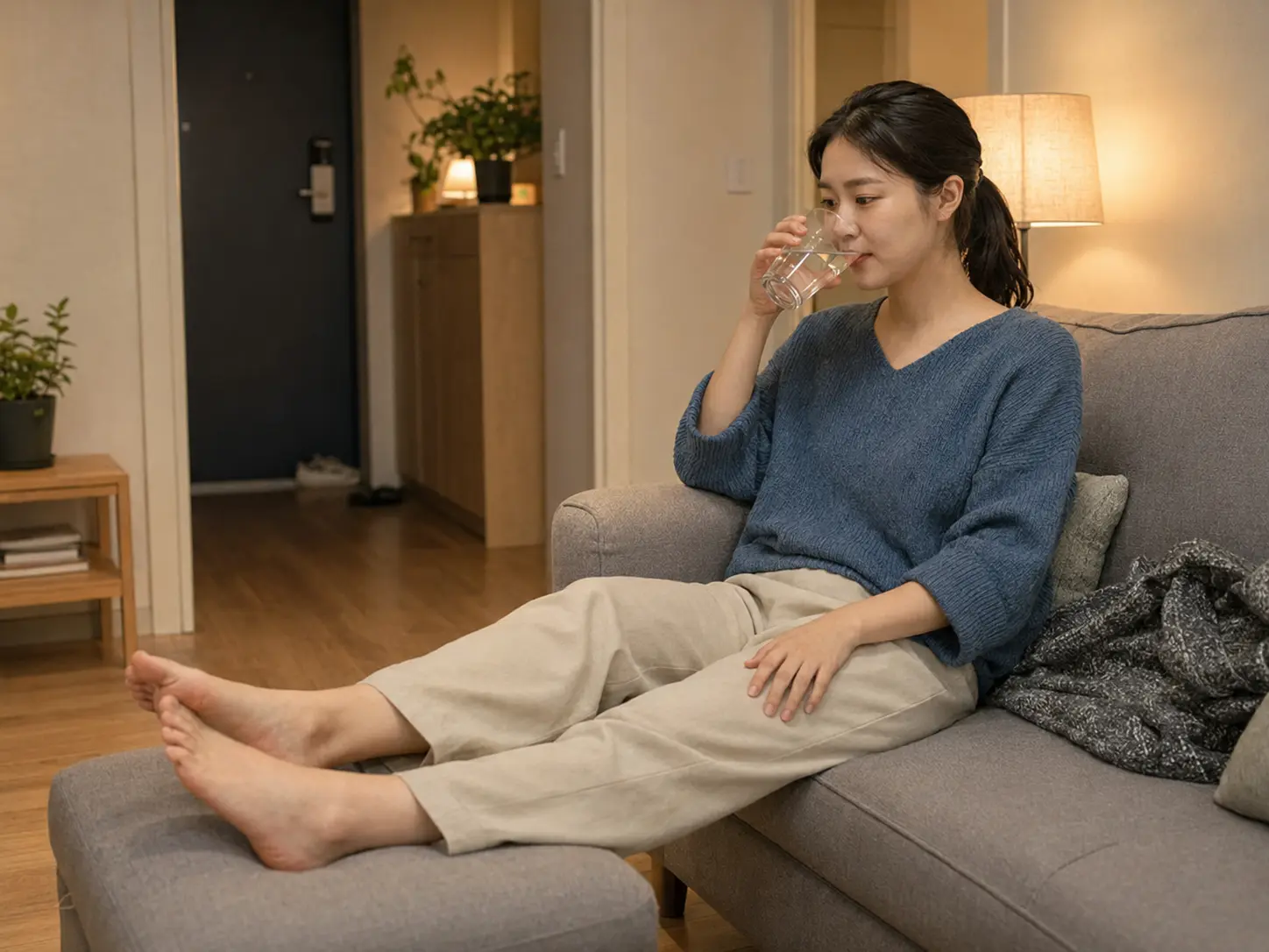 부평구출장마사지 | K초이스24 - 인천 부평구 갈산동 숙소에서 홈케어를 마친 뒤 물을 마시며 쉬는 로컬 에디터 서윤