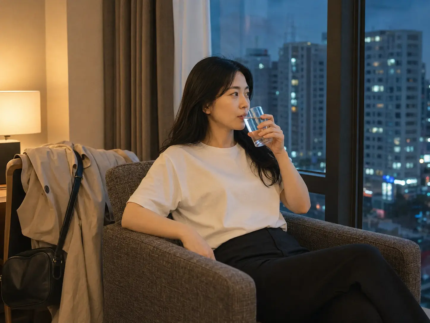부평구출장마사지 | K초이스24 - 인천 부평구 부평동 숙소에서 홈케어를 마친 뒤 물을 마시며 쉬는 로컬 에디터 수현