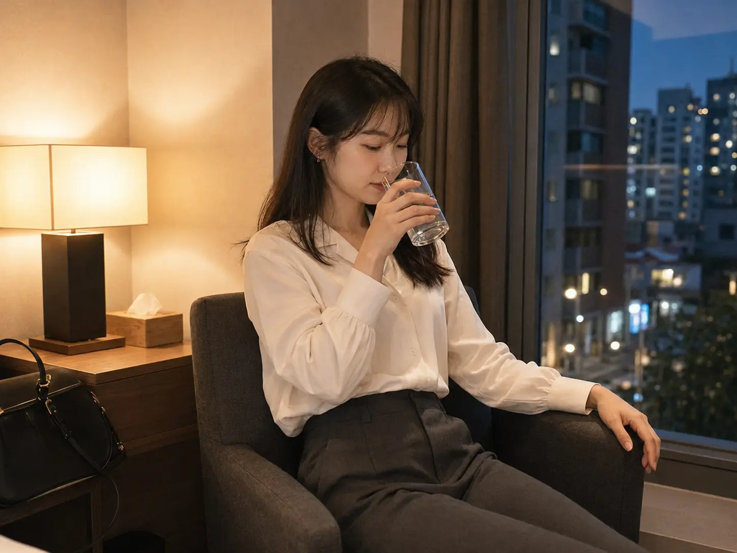 부평구출장마사지 | K초이스24 - 인천 부평구 산곡동 숙소에서 홈케어를 마친 뒤 물을 마시며 쉬는 로컬 에디터 지안