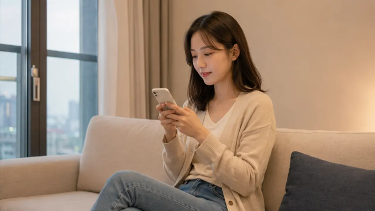 서구출장마사지 | K초이스24 - 같은 청라 자택 거실에서 로컬 에디터 하린이 휴대전화로 주소와 공동현관 방식, 종아리 상태를 상담하는 장면
