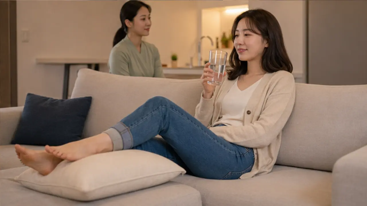 서구출장마사지 | K초이스24 - 관리를 마친 로컬 에디터 하린이 같은 청라 자택 소파에서 다리를 쿠션에 올리고 물을 마시며 쉬는 장면