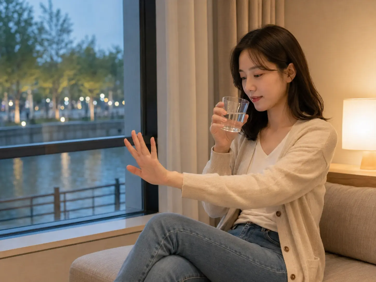 서구출장마사지 | K초이스24 - 인천 서구 청라3동 숙소에서 홈케어를 마친 뒤 물을 마시며 쉬는 로컬 에디터 도하