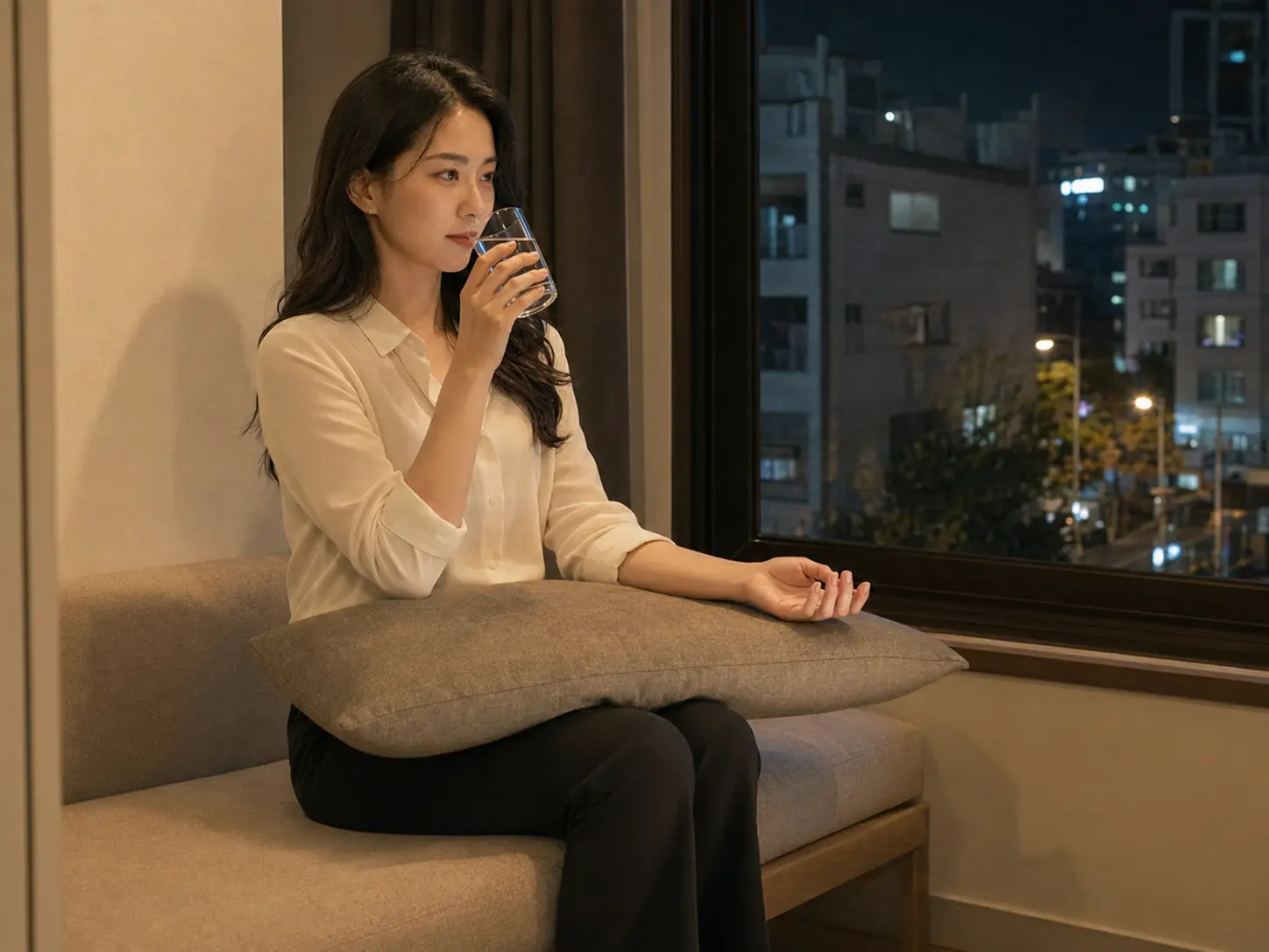 남동구출장마사지 | K초이스24 - 인천 남동구 구월동 숙소에서 홈케어를 마친 뒤 물을 마시며 쉬는 로컬 에디터 지우