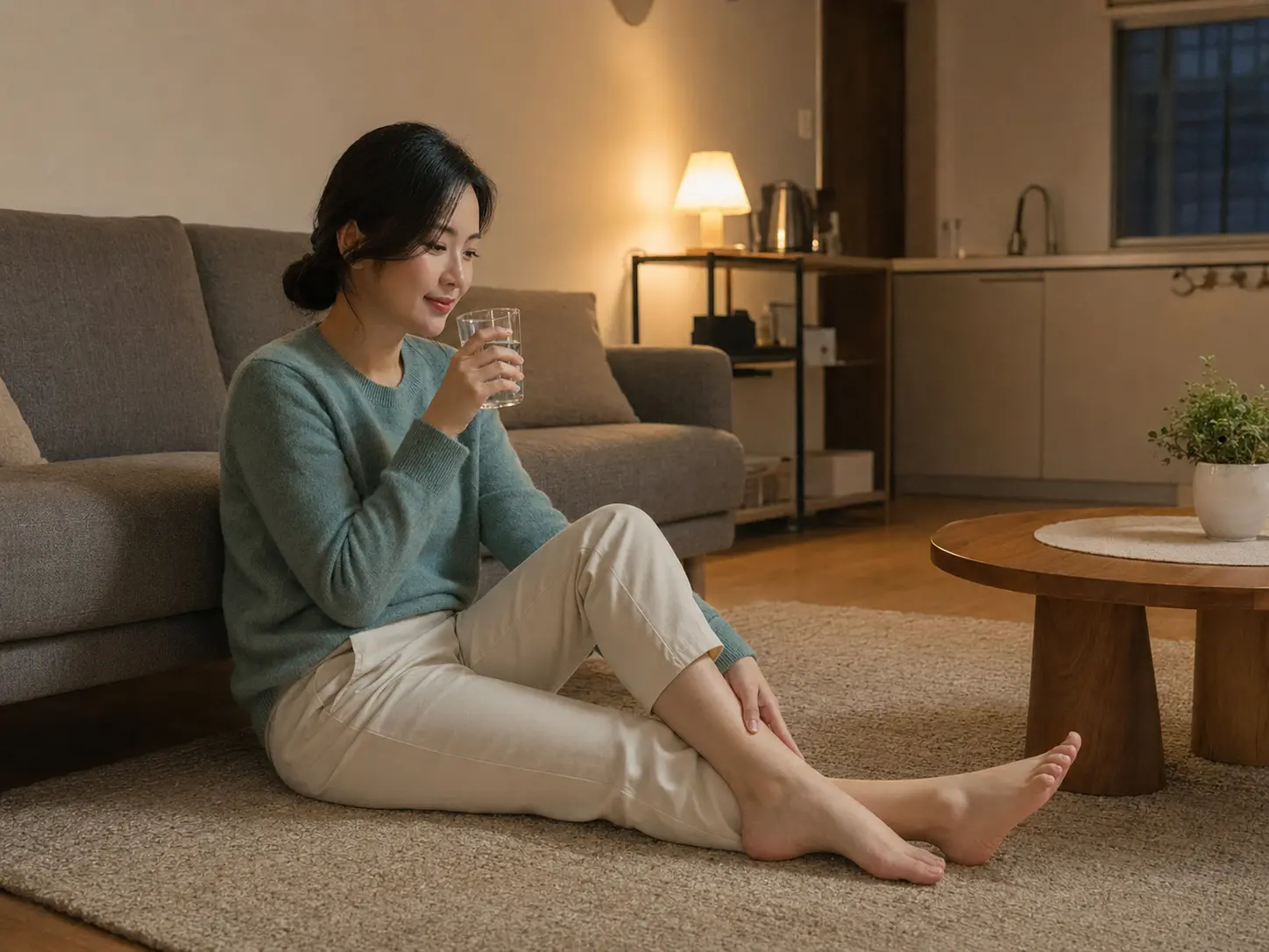 미추홀구출장마사지 | K초이스24 - 인천 미추홀구 주안동 숙소에서 홈케어를 마친 뒤 물을 마시며 쉬는 로컬 에디터 서윤