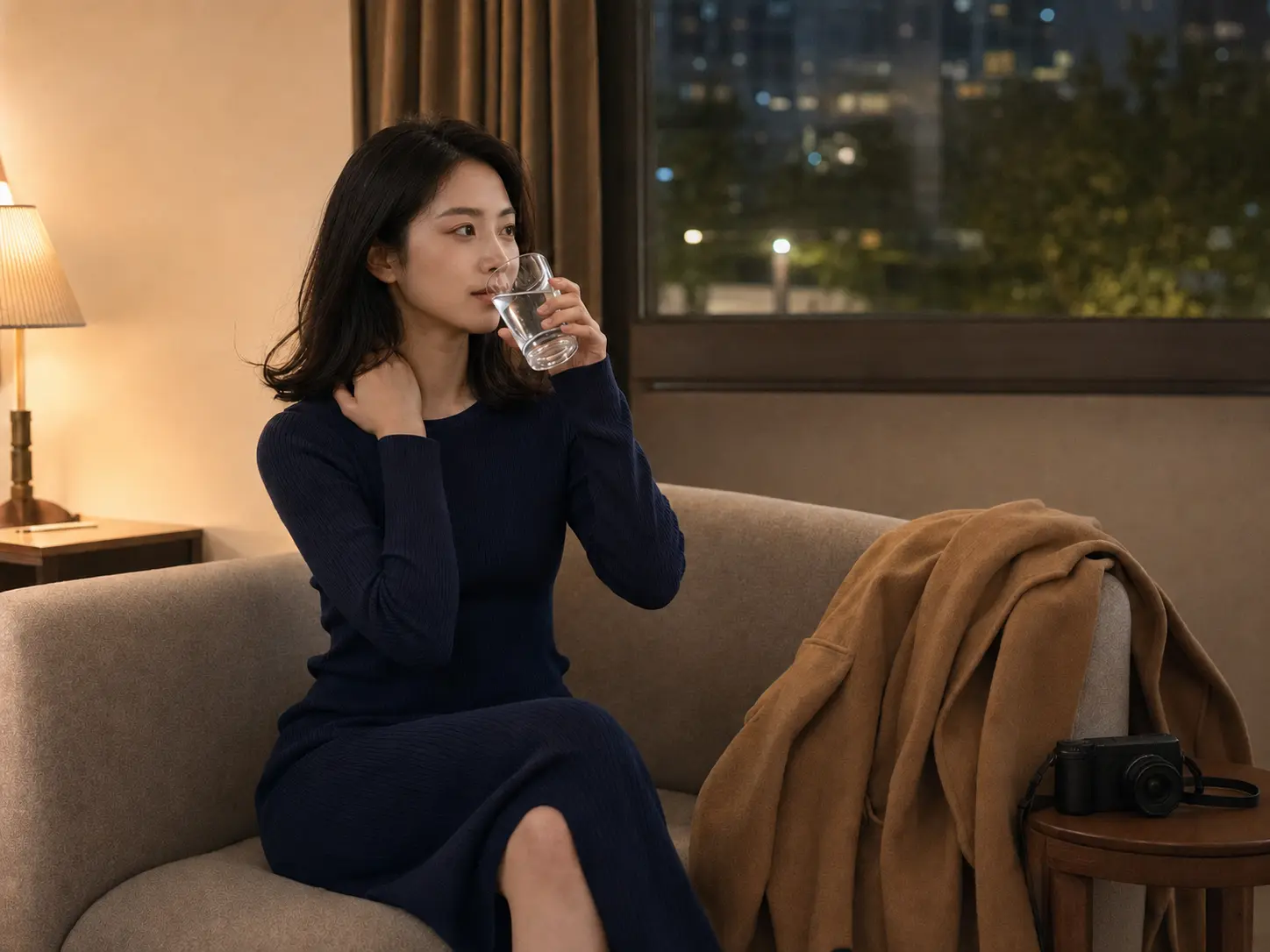 연수구출장마사지 | K초이스24 - 인천 연수구 국제업무지구 숙소에서 홈케어를 마친 뒤 물을 마시며 쉬는 로컬 에디터 민서