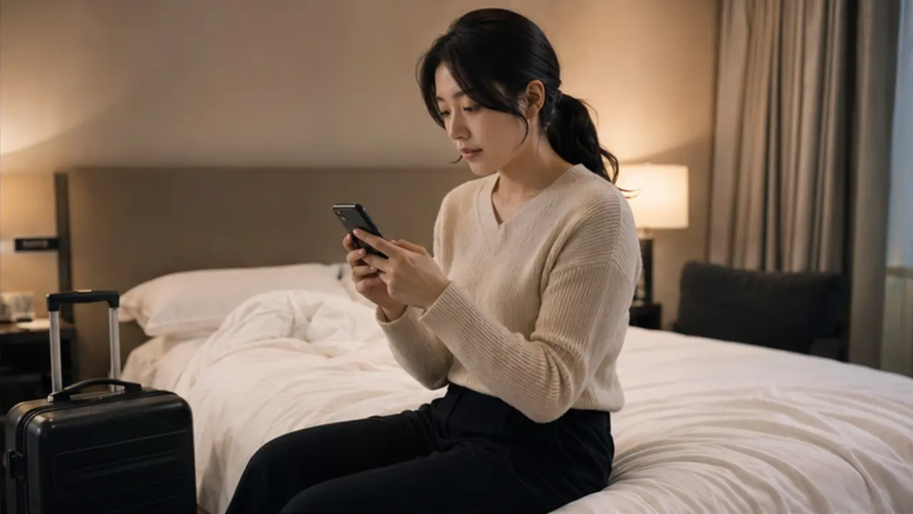중구출장마사지 | K초이스24 - 같은 운서동 호텔 객실에서 크림색 니트 차림의 로컬 에디터 다연이 호텔명과 터미널, 준비 시간을 휴대전화로 상담하는 장면