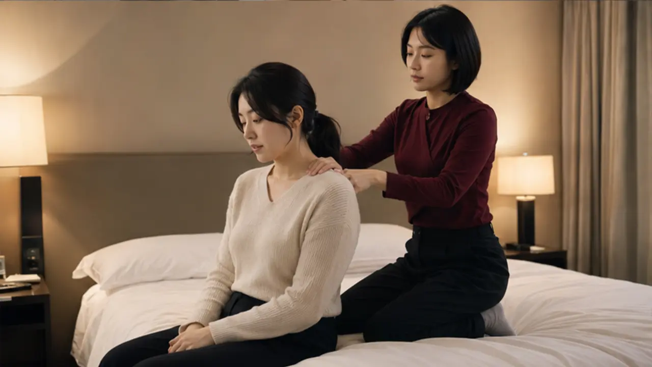 중구출장마사지 | K초이스24 - 같은 영종도 호텔 객실 침대 가장자리에서 버건디 상의의 여성 테라피스트 유나가 로컬 에디터 다연의 목과 어깨, 등 위쪽을 전문적으로 관리하는 장면
