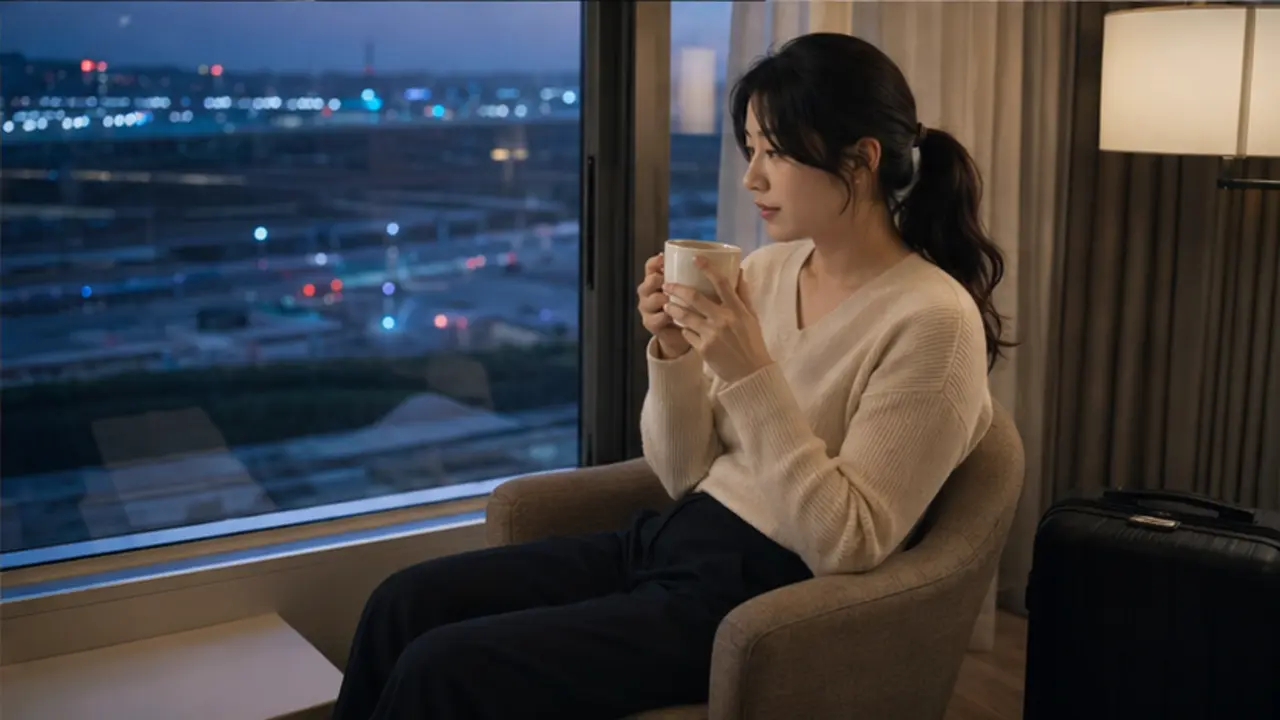 중구출장마사지 | K초이스24 - 관리를 마친 로컬 에디터 다연이 같은 영종도 호텔 창가에서 닫힌 여행가방 옆에 앉아 따뜻한 차를 마시는 장면