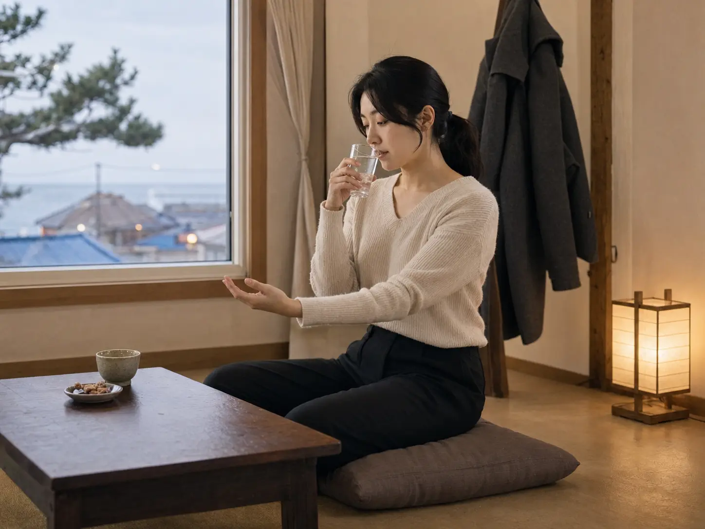 중구출장마사지 | K초이스24 - 인천 중구 신포동 숙소에서 홈케어를 마친 뒤 물을 마시며 쉬는 로컬 에디터 민서
