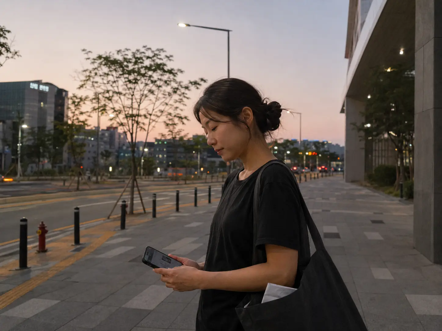 진천출장마사지 | K초이스24 - 해 질 무렵 충북 진천 광혜원면 일정을 마친 로컬 에디터 도하가 휴대전화를 확인하며 충북혁신도시 숙소로 돌아가는 장면