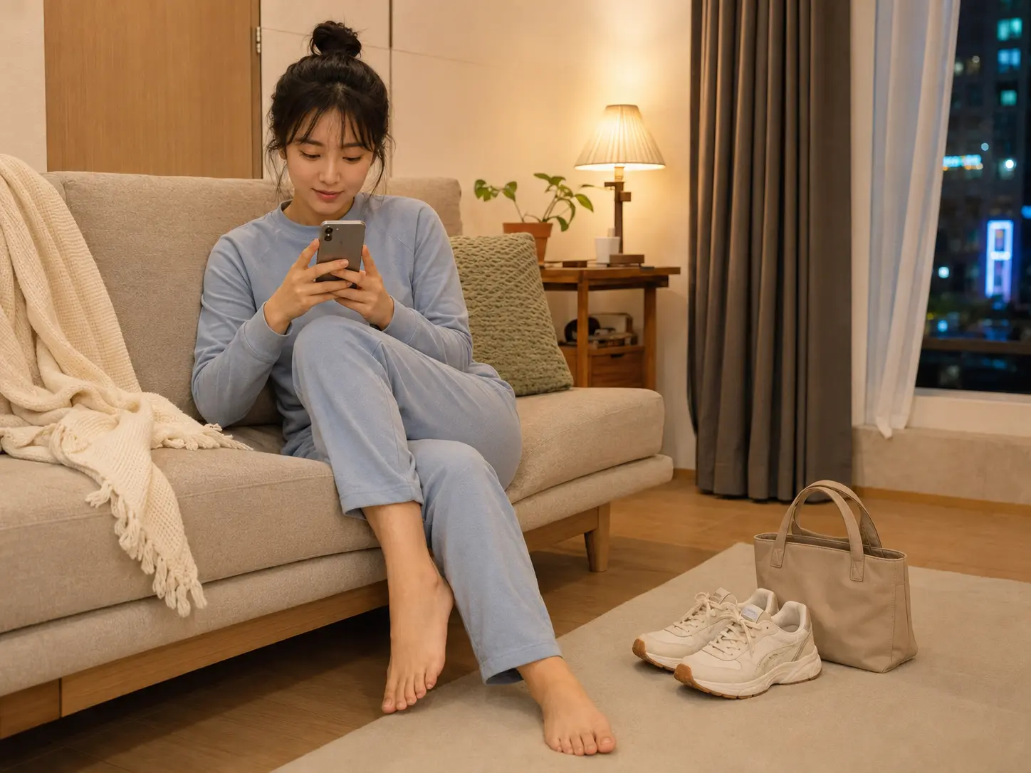 남양주출장마사지 | K초이스24 - 같은 남양주 별내동 오피스텔에서 로컬 에디터 서윤이 휴대전화로 별내 주소와 하체 상태, 공동현관 방식을 상담하는 장면