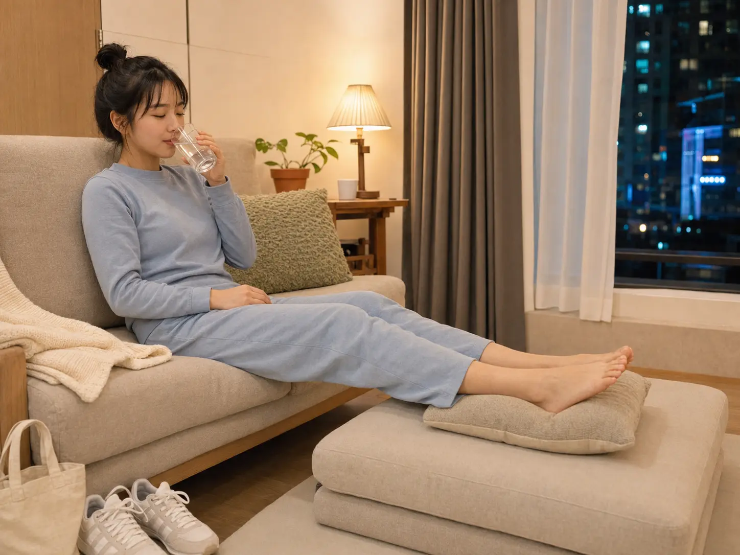 남양주출장마사지 | K초이스24 - 관리를 마친 로컬 에디터 서윤이 남양주 별내동 오피스텔 소파에서 다리를 쿠션에 올리고 쉬는 장면