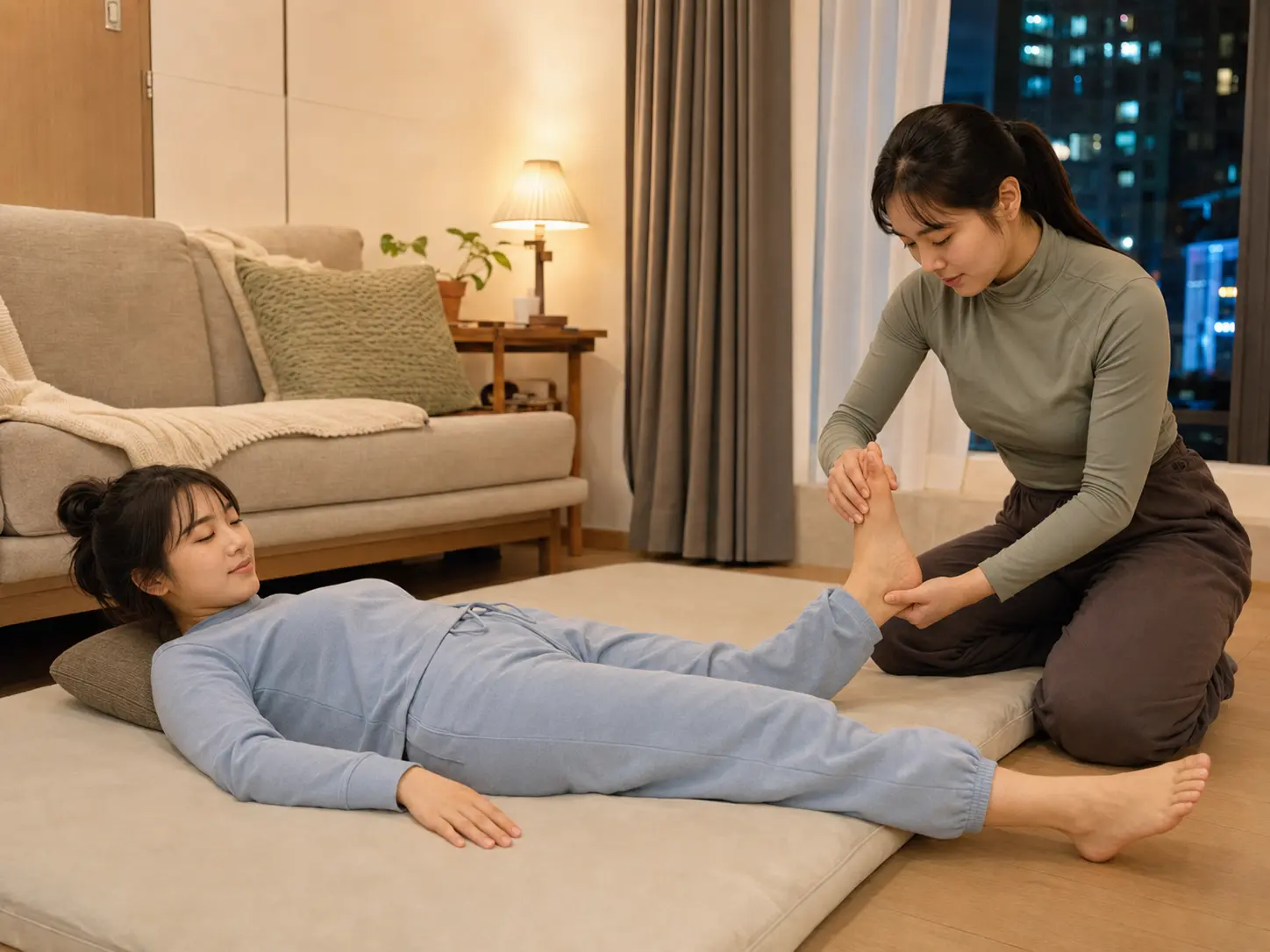 남양주출장마사지 | K초이스24 - 같은 별내동 오피스텔에서 같은 여성 테라피스트 예나가 로컬 에디터 서윤의 발목을 안정적으로 받치고 종아리 보조 스트레칭을 하는 장면