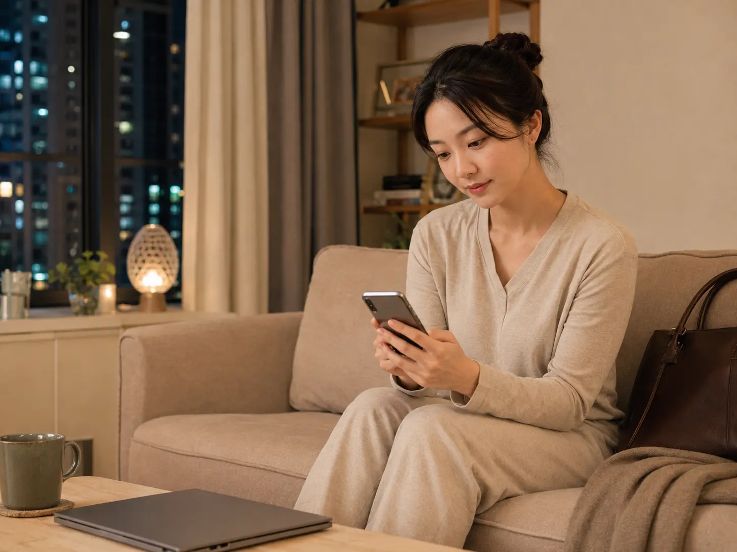 남양주출장마사지 | K초이스24 - 같은 남양주 다산동 자택에서 로컬 에디터 지안이 휴대전화로 다산 주소와 어깨 상태, 준비 시간을 상담하는 장면