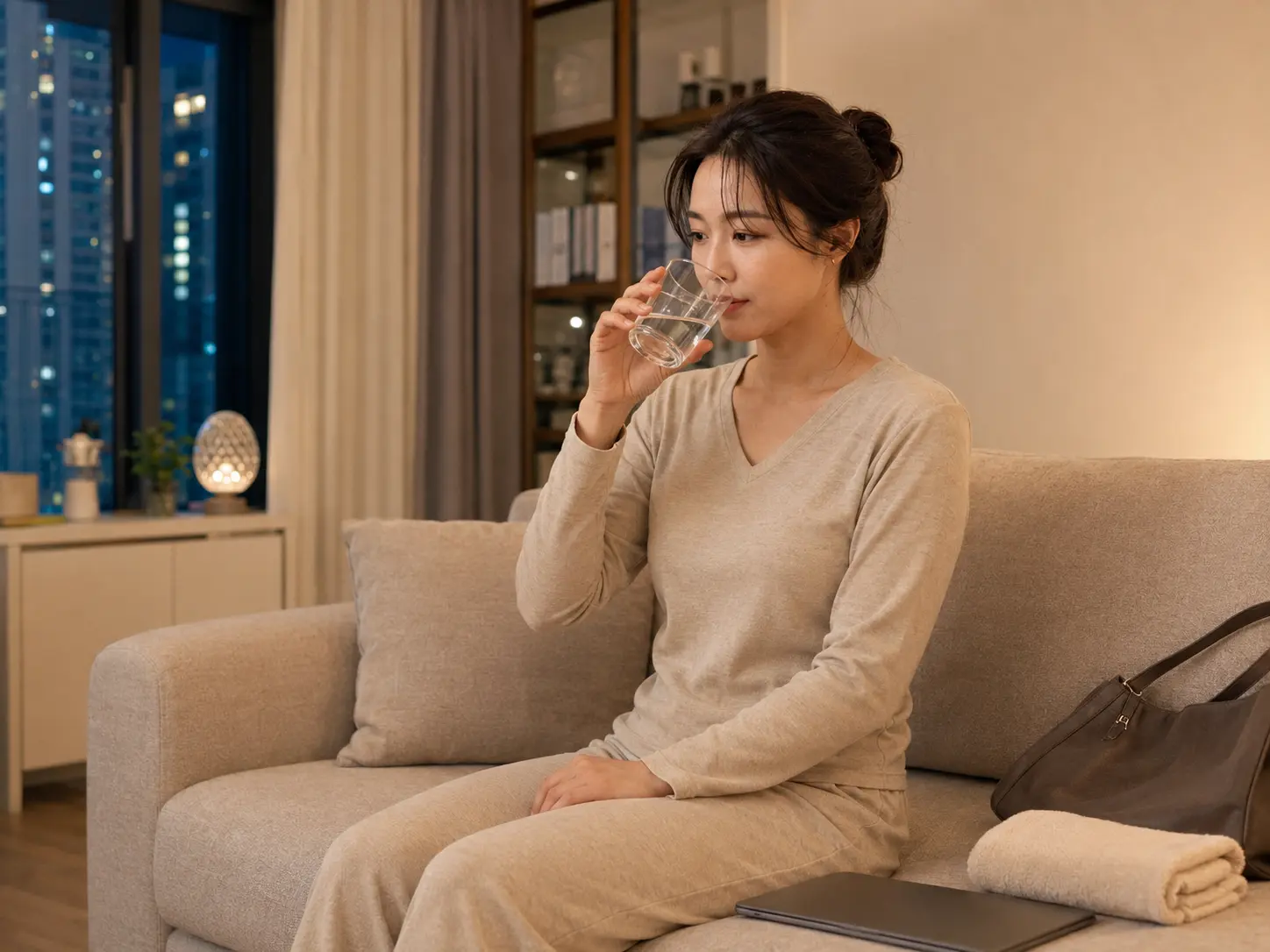 남양주출장마사지 | K초이스24 - 관리를 마친 로컬 에디터 지안이 남양주 다산동 자택 소파에서 물을 마시며 쉬는 장면