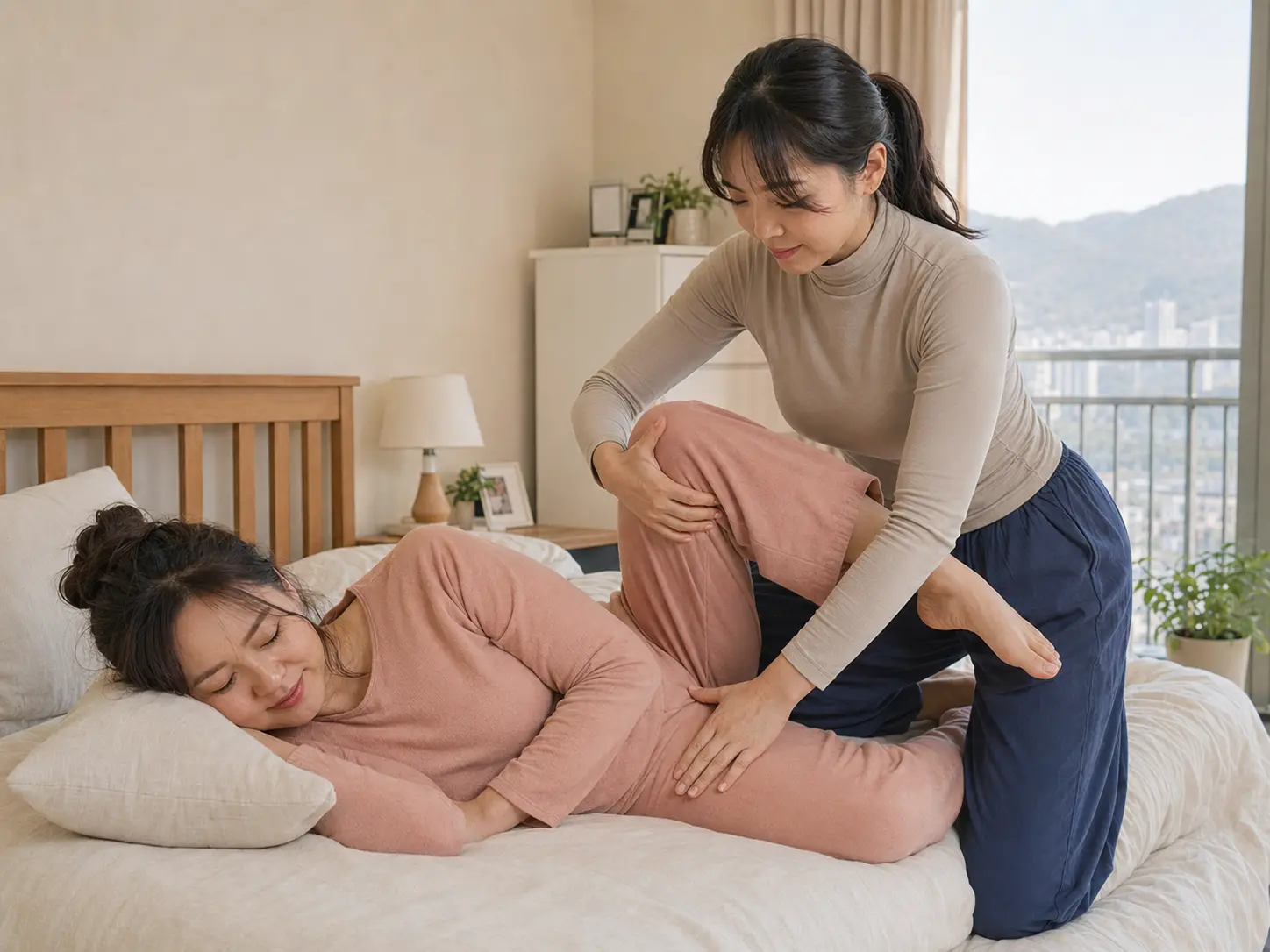 남양주출장마사지 | K초이스24 - 같은 호평동 자택에서 같은 여성 테라피스트 다은이 로컬 에디터 민지의 골반과 다리를 안정적으로 받치며 하체 보조 스트레칭을 하는 장면