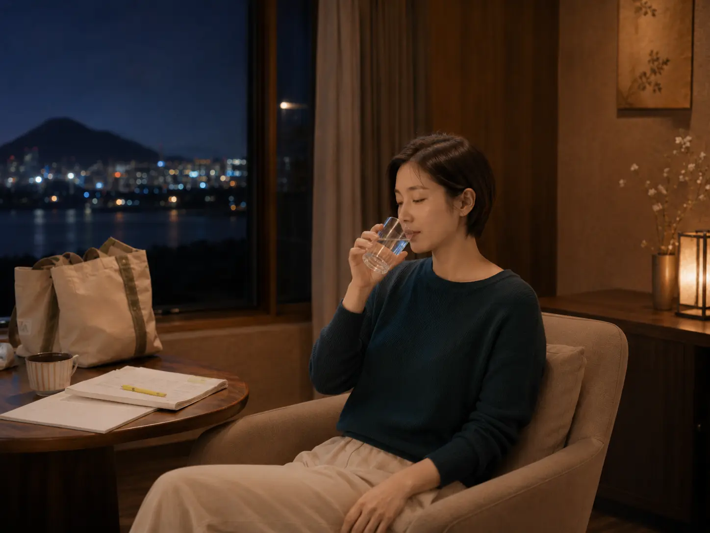 옥천출장마사지 | K초이스24 - 충북 옥천 대청호 숙소에서 홈케어를 마친 로컬 에디터 수현이 물을 마시며 편안하게 쉬는 장면