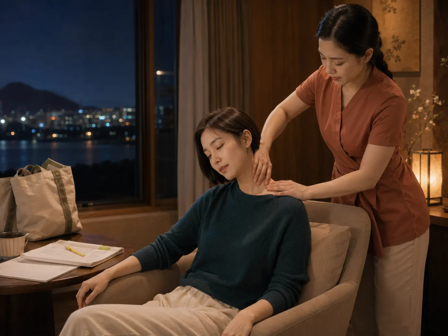 옥천출장마사지 | K초이스24 - 충북 옥천 대청호 숙소에서 젊은 성인 여성 관리사가 로컬 에디터 수현의 목과 어깨를 부드럽게 관리하는 장면