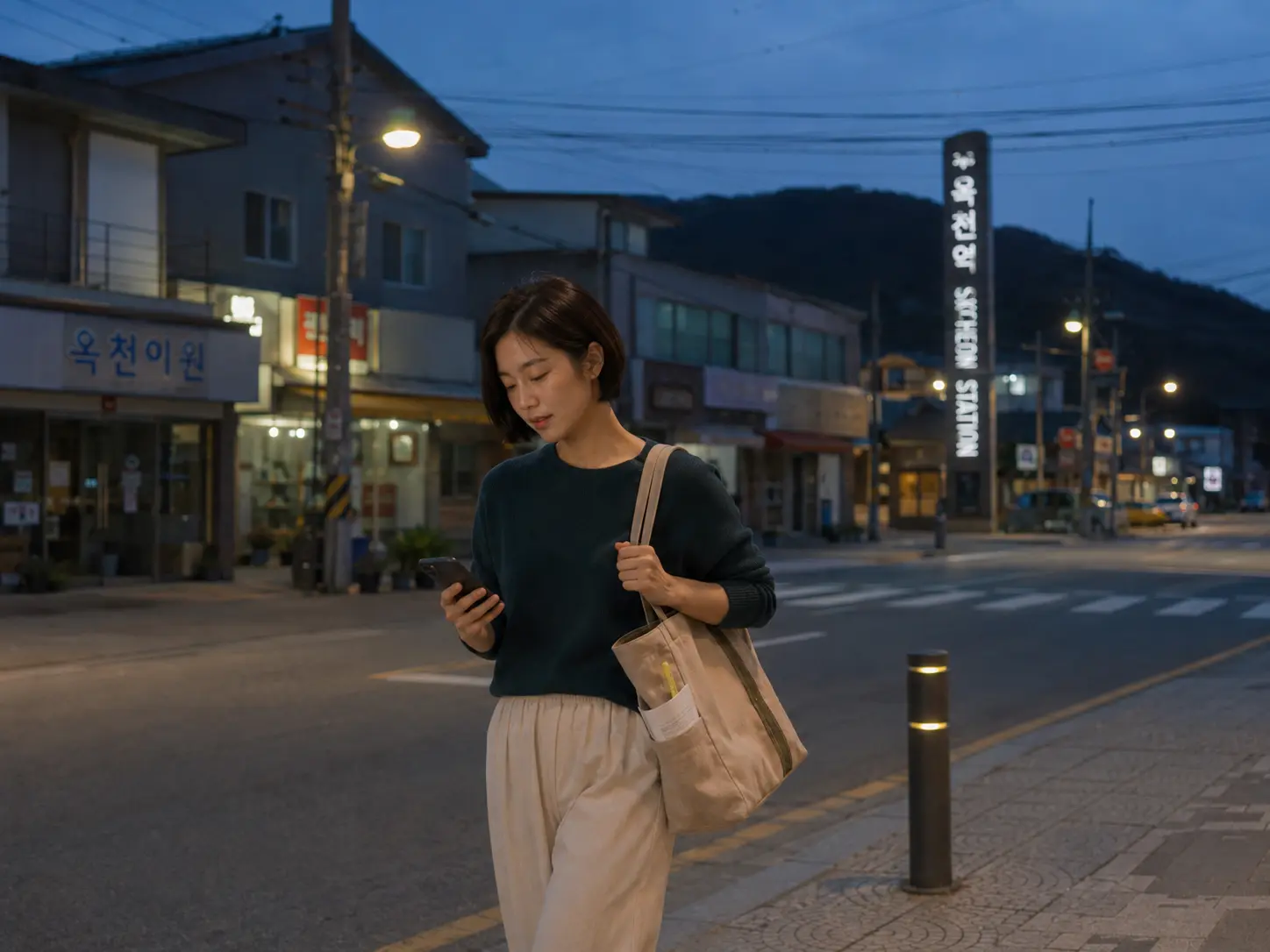옥천출장마사지 | K초이스24 - 저녁의 충북 옥천읍 거리에서 로컬 에디터 수현이 대청호 숙소 이동 경로를 확인하는 장면
