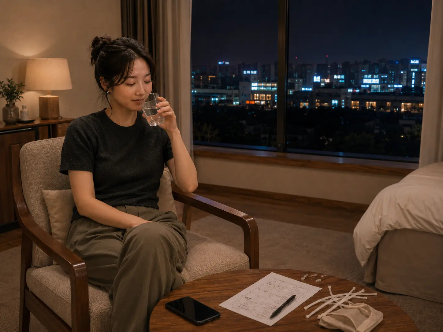옥천출장마사지 | K초이스24 - 충북 옥천 문정리 숙소에서 홈케어를 마친 로컬 에디터 도하가 물을 마시며 편안하게 쉬는 장면