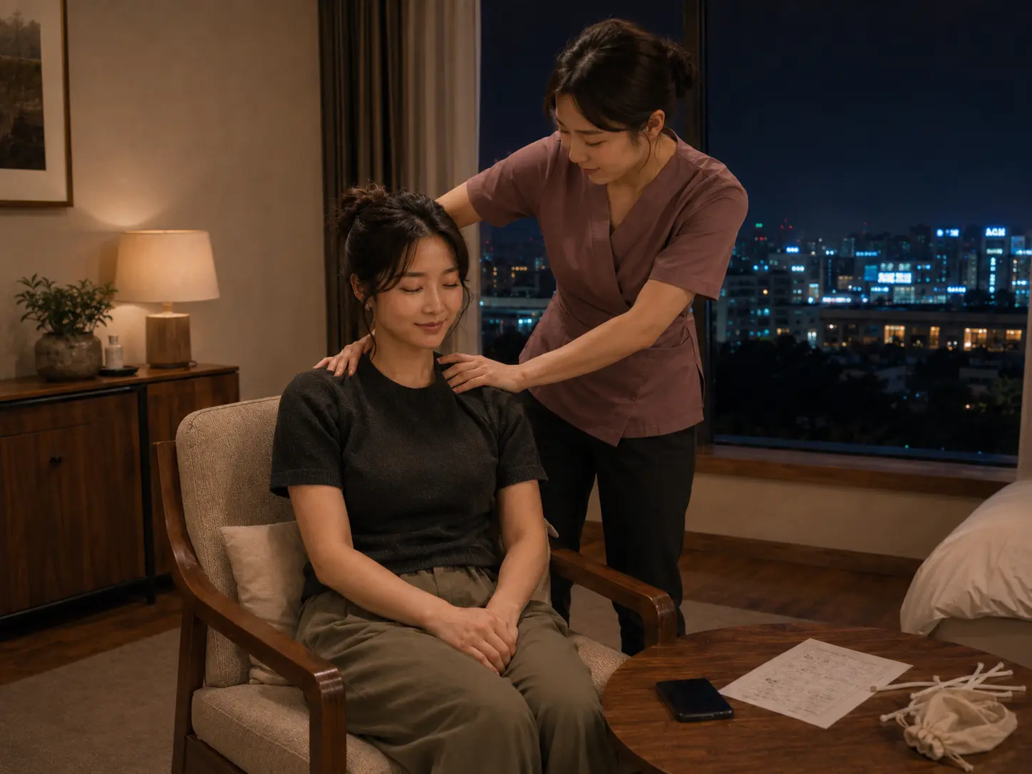옥천출장마사지 | K초이스24 - 같은 충북 옥천 문정리 숙소에서 같은 젊은 성인 여성 관리사가 로컬 에디터 도하의 목과 어깨를 관리하는 장면