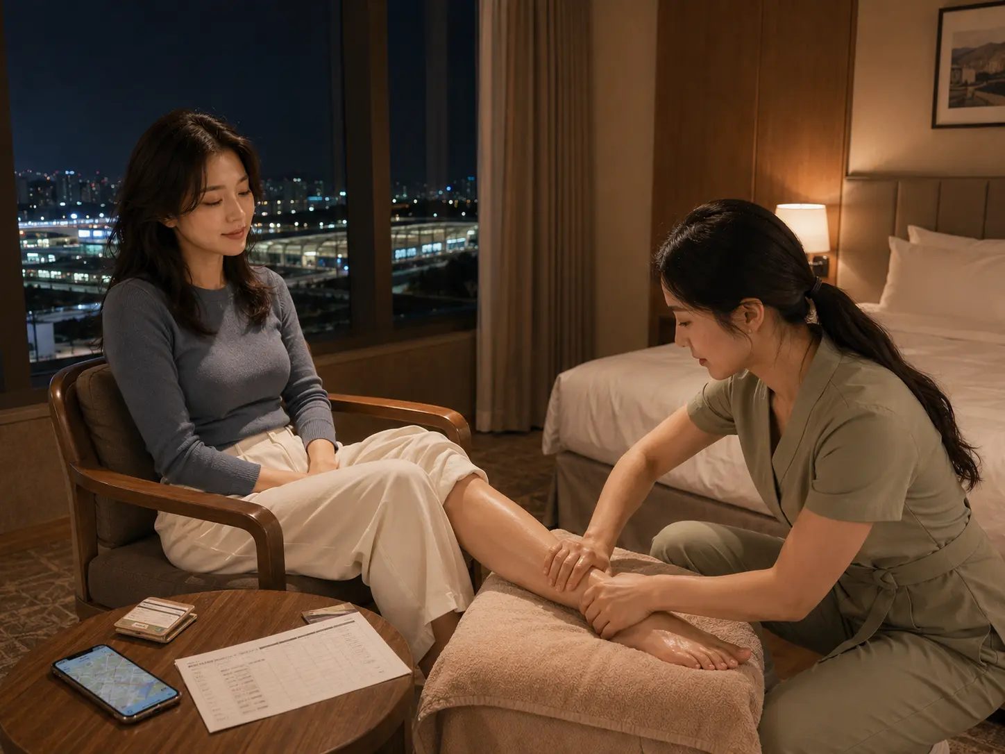 옥천출장마사지 | K초이스24 - 충북 옥천 옥천역 숙소에서 젊은 성인 여성 관리사가 로컬 에디터 윤서의 종아리와 발목을 부드럽게 관리하는 장면
