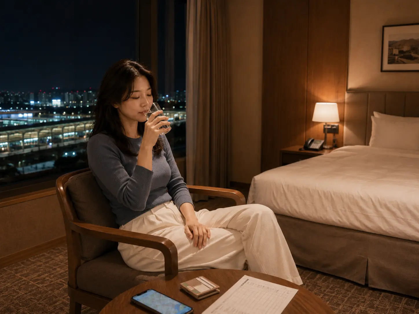 옥천출장마사지 | K초이스24 - 충북 옥천 옥천역 숙소에서 홈케어를 마친 로컬 에디터 윤서가 물을 마시며 편안하게 쉬는 장면