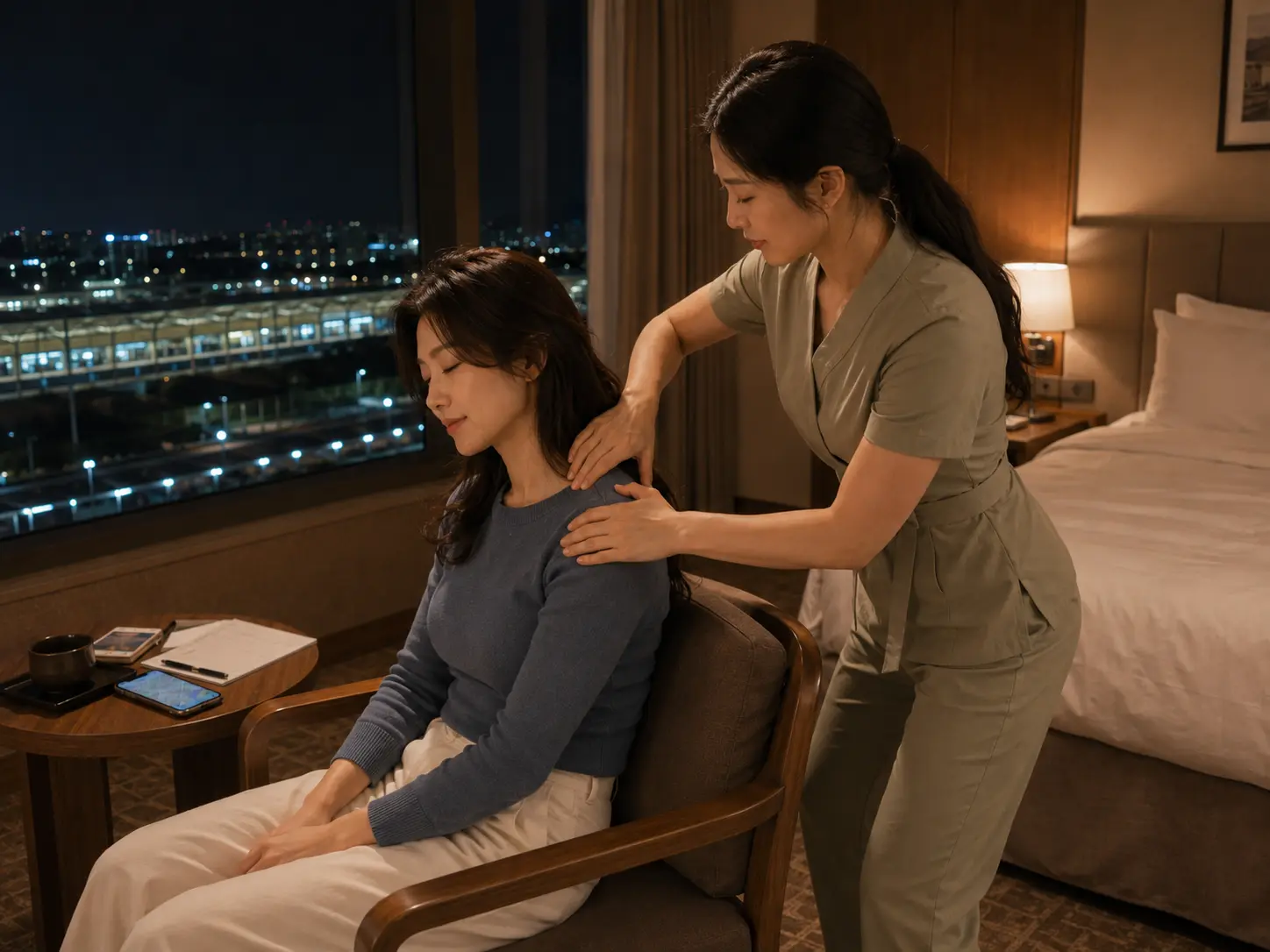 옥천출장마사지 | K초이스24 - 같은 충북 옥천 옥천역 숙소에서 같은 젊은 성인 여성 관리사가 로컬 에디터 윤서의 목과 어깨를 관리하는 장면